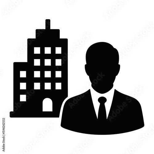 Silhouette of a businessman in a suit and tie standing next to a modern office building icon on transparent background