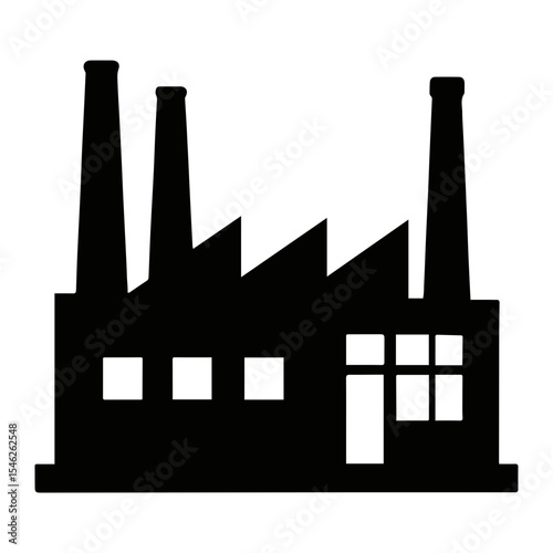 Silhouette of a factory with three chimneys and multiple windows on a white background on transparent background