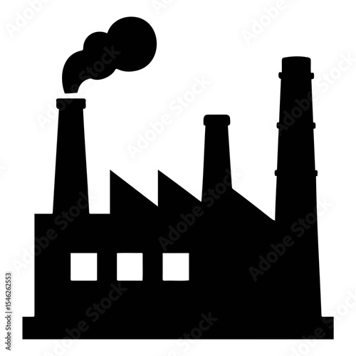 Silhouette of a factory with three chimneys and smoke coming out of the tallest one above on transparent background