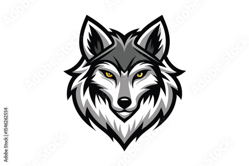 The fierce gray wolf gazes intensely forward, with its piercing yellow eyes on a white background