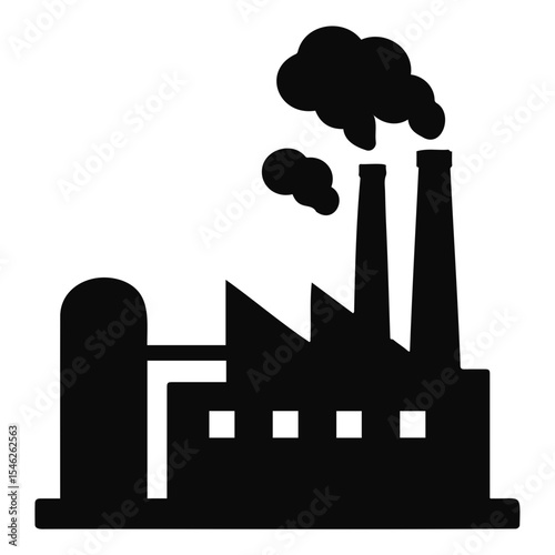 Silhouette of a factory with two smokestacks emitting black smoke against a white background on transparent background