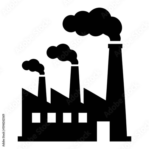 Silhouette of a factory with three smokestacks emitting dark smoke into the atmosphere above on transparent background