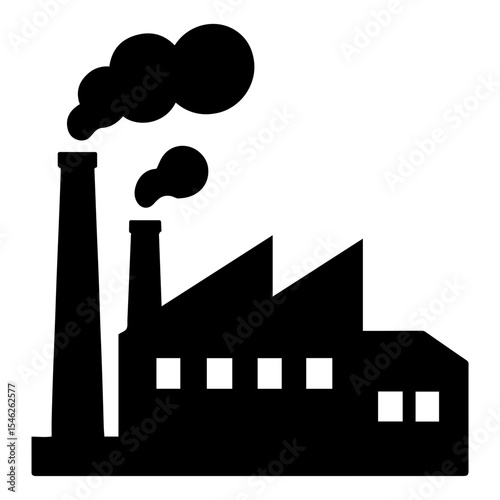 Silhouette of a factory with two chimneys emitting smoke against a white background view on transparent background