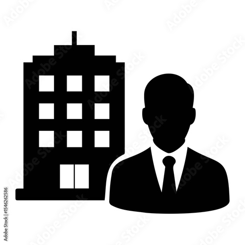 Silhouette of a businessman in a suit and tie standing next to a building with windows on transparent background
