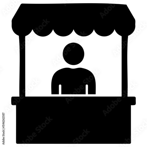 Illustration of a black silhouette of a person standing behind a market stall booth with awning on transparent background