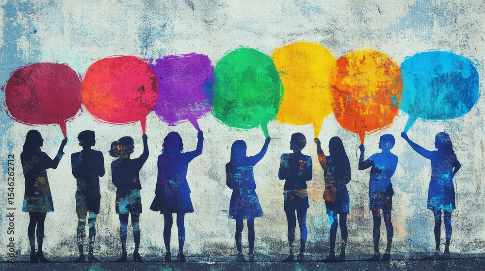 Naklejka premium Illustration of team members holding colorful speech bubbles, representing diverse perspectives, open communication, and inclusive collaboration within a dynamic team environment.