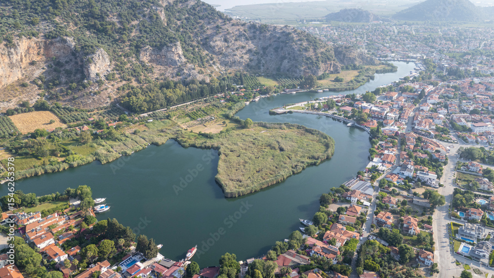 Fototapeta premium Beautiful panoramic view of the river valley and the city of Dalyan from the view point of the old town of Kaunos, Mugla Turkey