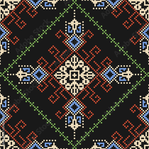 Ethnic Pixelated Geometric Border Design for Textiles
