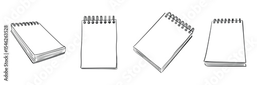 A sat of blank page of a notebooks. Vector sketch a notepad with spring in line art. Hand drawn illustration. For notes, memorization, checklists, scrapbook, office or school theme.