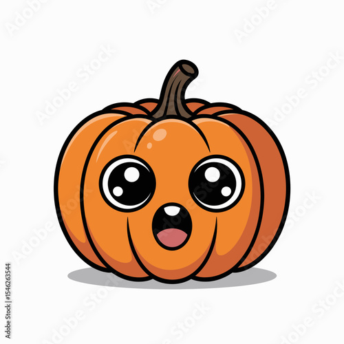 A cute pumpkin with large, expressive eyes and an open mouth creates a cartoonish and endearing expression