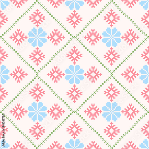 Ethnic Textile with Pixelated Floral Motifs and Ornamental Border