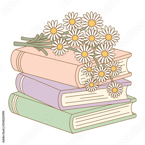 Stack of Pastel Books with Daisies – Serene Floral and Literary Illustration