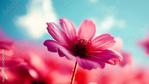 Vibrant pink cosmos flowers against a serene blue sky in a field landscape