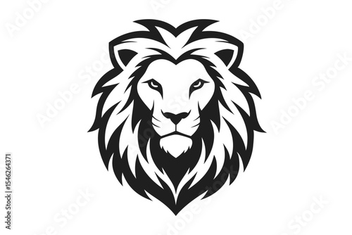 A fierce lion head stares intently forward in monochrome black and white simplicity