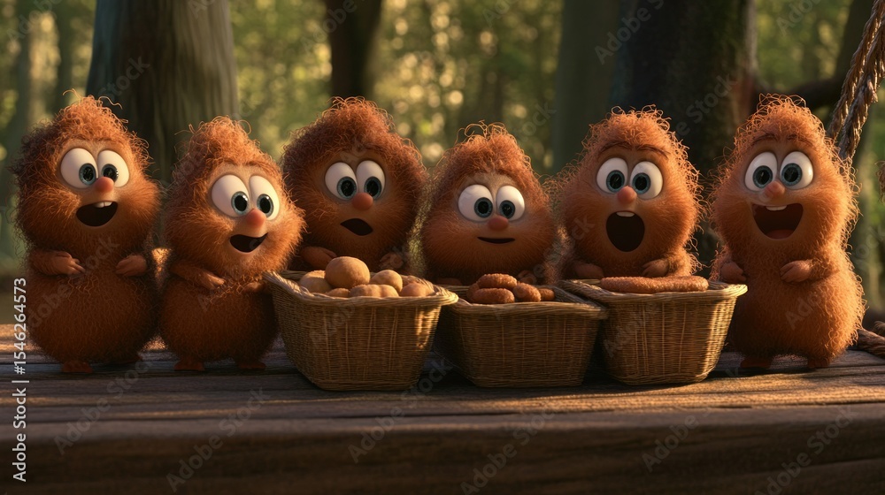 Obraz premium Fluffy creatures sharing food in a forest