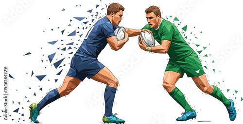 Polygonal rugby players in action, low poly illustration of intense tackle, abstract sports art with ball, dynamic motion design, competition match, vector graphic
