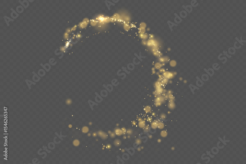 Golden glitter swirl trail with glowing sparkles in circular motion on transparent background
