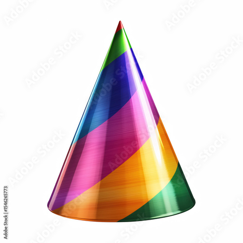 Rainbow striped cone party hat, isolated on white background.