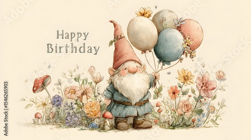 A jolly gnome stands in a vibrant garden filled with various flowers. He holds colorful balloons and smiles, capturing the joyful essence of a birthday celebration.