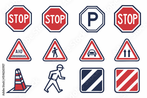 Collection of various traffic and road safety signs and symbols