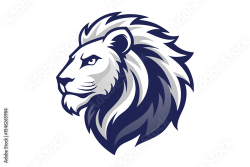 A majestic lion with an imposing navy mane stares resolutely into the distance