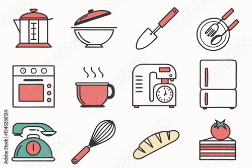 Kitchen utensils and appliances isolated on white background