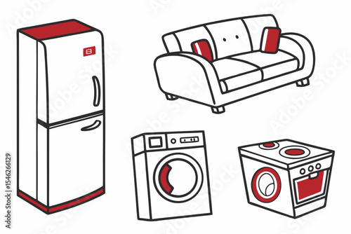 Household appliances including a refrigerator couch washer and oven