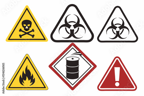 Warning signs for toxic biohazard flammable and chemical hazards