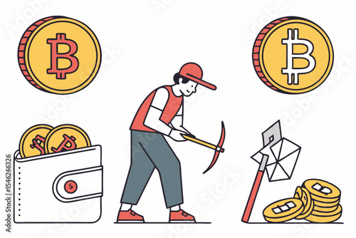 Man mining bitcoin with pickaxe next to wallet and stack of coins
