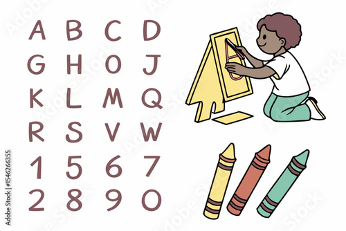 Child drawing alphabet and numbers isolated on white background