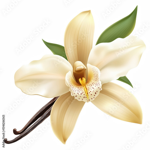 Vanilla orchid flower with green leaves and dried pods, isolated on white background.