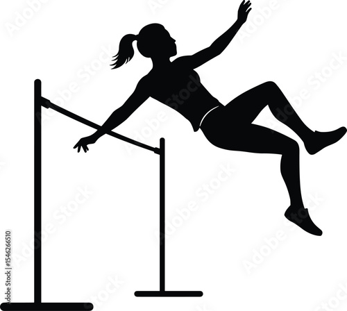 Silhouette of Female High Jumper in Action Over Bar, Track and Field Athletics, Jumping Sports Concept, Isolated Vector on White Background for Stock Illustration
