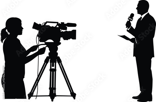 Silhouette of camerawoman filming news reporter, professional media production scene, journalism and broadcasting concept, TV news coverage, press interview recording, studio camera operation