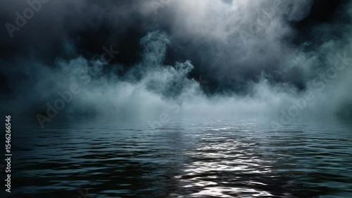  A dark, foggy background with smoke rising from the water's surface. The scene is set at night and has an eerie atmosphere. In front of it lies still water reflecting light in the darkness.