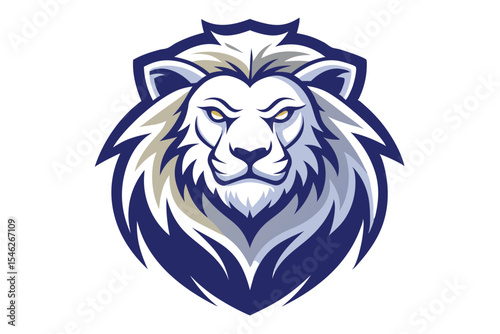 Fierce lion head with yellow eyes and blue mane stares intently forward powerfully