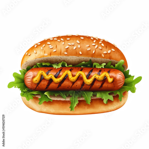 Grilled hot dog with mustard and lettuce in sesame bun isolated on white background.