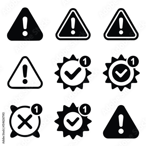 Pixel Art Warning & Approval Icons: A Set of Nine Black and White Symbols for UI Design, Web Development, and App Design