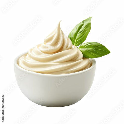 Creamy mayonnaise swirl in white bowl with basil leaves isolated on white background.
