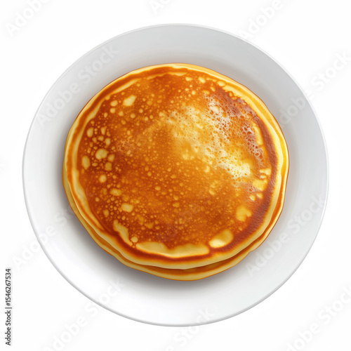 Stack of golden pancakes on white ceramic plate isolated on white background.