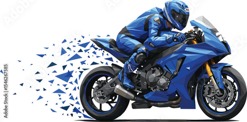 Modern polygonal style blue motorbike racer, abstract speed effect, sports motorcycle riding artwork, futuristic fast racing concept, vector illustration with dynamic motion