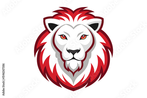 A majestic lion head sports a fiery red and white mane gracefully