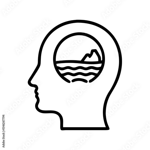 Illustration of a human head silhouette, symbolizing thoughts and imagination. Inside the head is an illustration of a seascape
