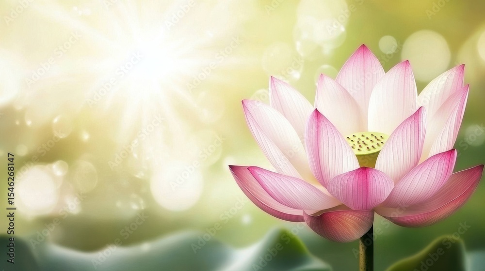 Beautiful Pink Lotus Blossom on Soft Green Background with Sparkling Sunlight Effects Beautiful Pink Lotus Blossom on Soft Green Background with Sparkling Sunlight Effects