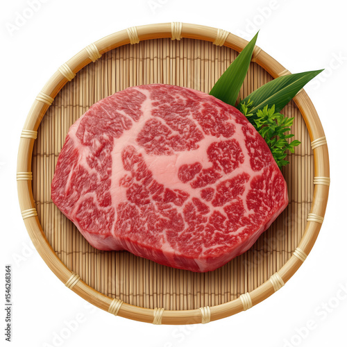 Raw wagyu beef steak with marbling on bamboo tray isolated on white background.