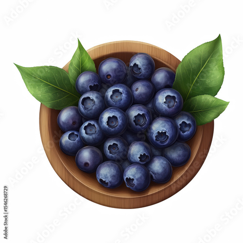 Top view of fresh blueberries in wooden bowl with green leaves on white background.