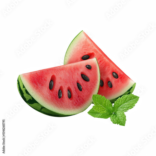 Two slices of ripe watermelon with black seeds and mint leaves isolated on white background.