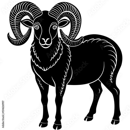 Black silhouette of a realistic adult ram with curled horns.



