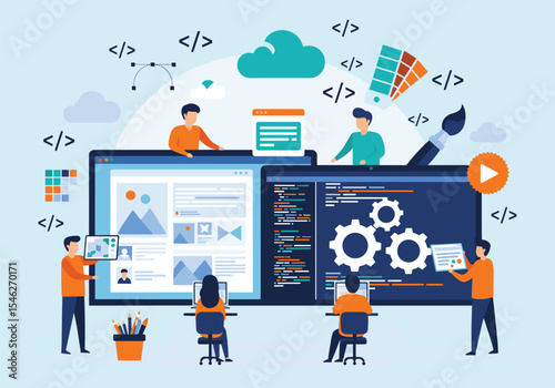 Collaborative Software Development: Team Working on Code, Cloud Integration, and UI/UX Design for Digital Solutions