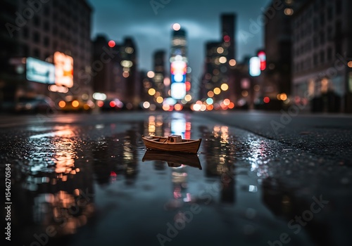 Fototapeta Naklejka Na Ścianę i Meble -  A small wooden boat in sour water, during bad weather, on the streets of New York, tilt-shift photography, At night