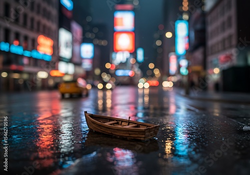Fototapeta Naklejka Na Ścianę i Meble -  A small wooden boat in sour water, during bad weather, on the streets of New York, tilt-shift photography, At night
